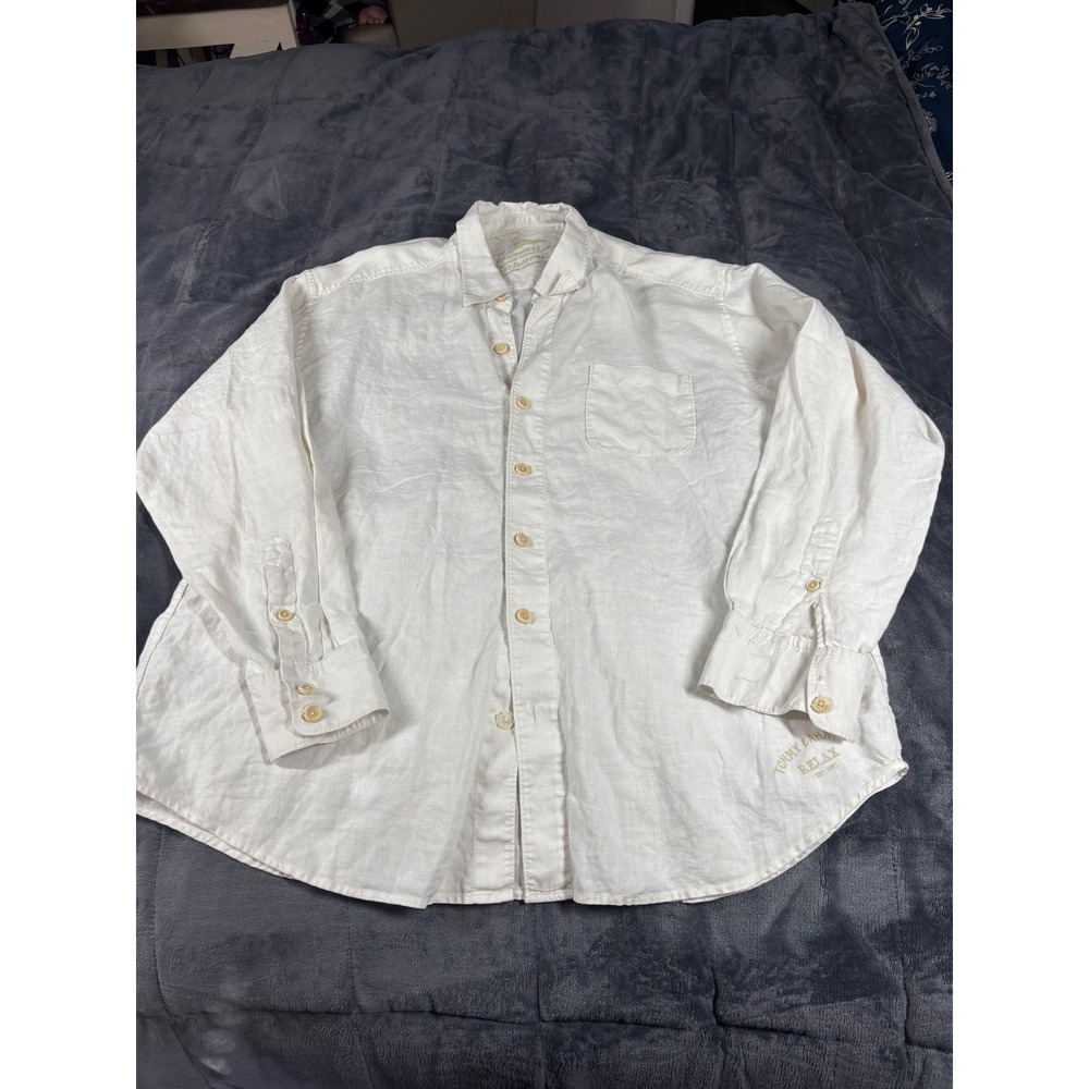 Tommy Bahama Relax Mens XL White 100% Linen Long Sleeve Button Down Shirt